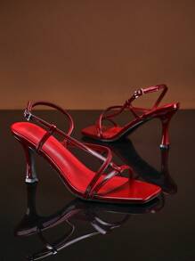 SHUZIA Sandal Hak Tinggi Wanita, Sandal Kulit Sintetis Elegan dengan Tali Belakang dan Gesper yang Modis - Burgundy - View 5