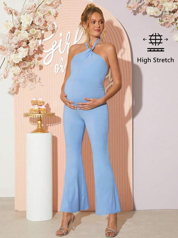 Loomaby Pregnant Women's Solid Color Sleeveless Halter Neck Jumpsuit, Fashionable For Summer,Gender Reveal Dress,Baby Shower Dress