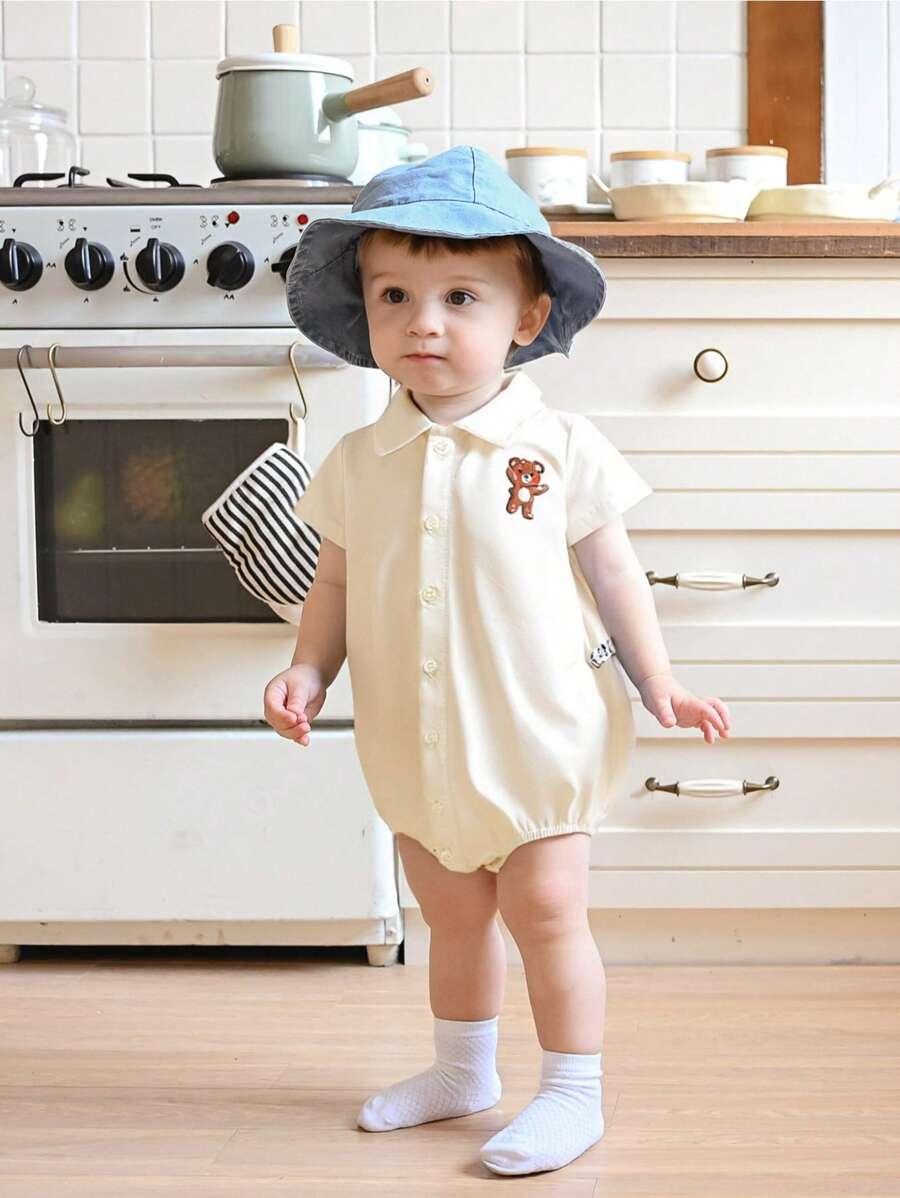 SHEIN Infant Boys' Casual Lightweight Long Sleeve Lapel Bodysuit, Summer - Apricot - View 1