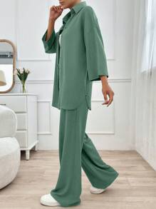 EURMUSE 女士休闲简约纯色纽扣衬衫和裤子套装，秋季 - 薄荷綠 - 查看 6