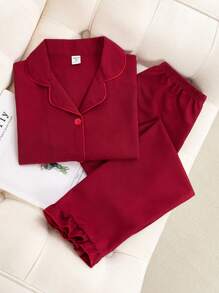 Tween Girls 2pcs/Set Casual Contrast Trim Ruffle Collar Knit Sweater & Shorts Pajamas Set, Pink