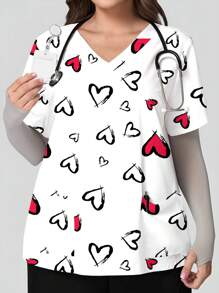 PopScrub 大码女式V领短袖双口袋侧开衩可爱卡通心形图案印花护士/医生工作制服手术服上衣/检查手术制服上衣/宠物美容工作制服上衣/营养师手术服上衣，多口袋功能性工作服，图案T恤，价格实惠，实用，适合女性节日、情人节、新年 - 白色 - 查看 1