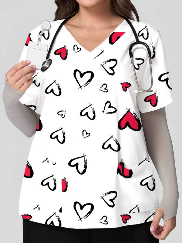 PopScrub Blusa de talla grande para mujeres con cuello en V, manga corta, bolsillos dobles, abertura lateral, con estampado lindo de corazón de dibujos animados para enfermera/médico, uniforme de trabajo, uniforme de examen/cirugía, uniforme de peluquería de mascotas, uniforme de nutricionista, con múltiples bolsillos, ropa de trabajo funcional, camiseta gráfica, asequible, conjunto de mujer funcional para vacaciones, Día de San Valentín, Año Nuevo