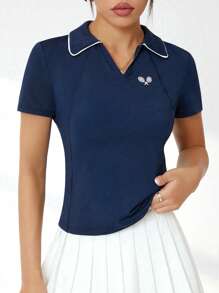 CourtClass Damen slim fit Sport Polo Shirt mit Tennis Schläger Muster, Kurzarm