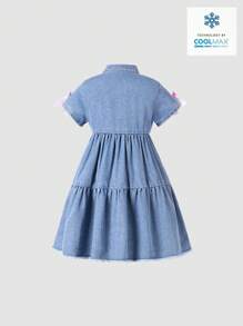 SHEIN Vintaside Kids Vestido vaquero azul claro de manga corta y cuello decorado con lazo, suelto y cómodo, para niñas