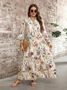 SHEIN LUNE Váy búp bê dài chấm đất 4 lớp họa tiết hoa nhỏ màu hồng cỡ lớn cho Ngày của Mẹ, Váy bồng bềnh - Nhiều màu - Xem 3