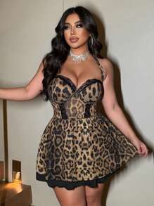 Flirla Plus Size Sexy Leopard Lace Patchwork A-Line Hem Mini Dress, Suitable For Party, Date, Daily Wear,Cheetah Print