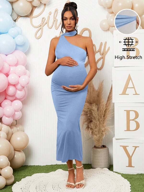Loomaby Solid Color Asymmetric Neck Maternity Dress, Fashionable For Summer