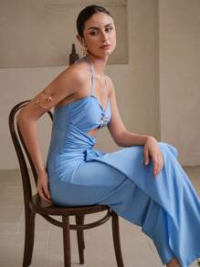 SHEIN Swim 2pcs Set: Detachable Spaghetti Strap Backless High Cut Solid Blue Swimsuit Top And Solid Blue Skirt For Summer Beach Vacation - Blue - View 5