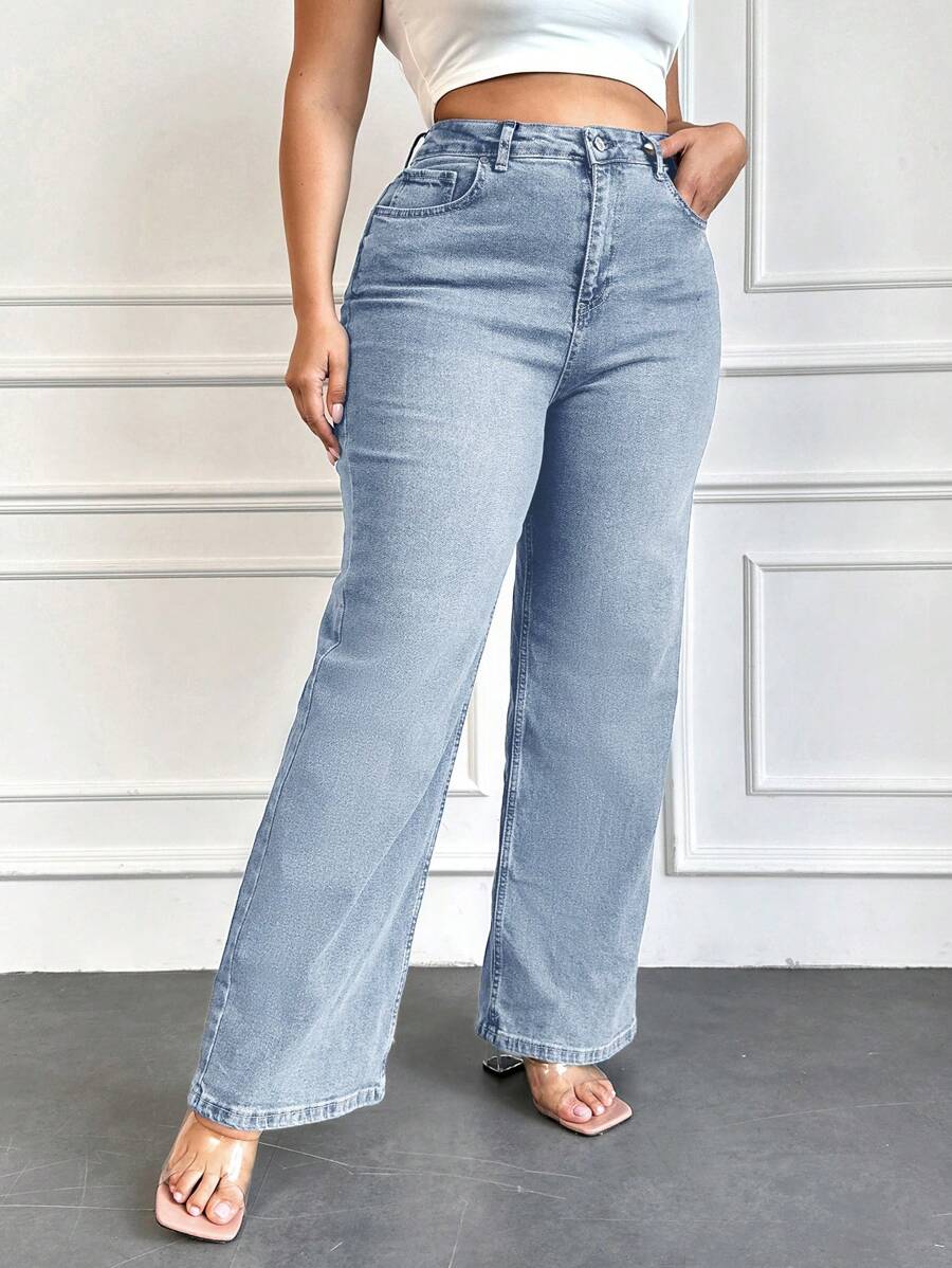 EURMUSE Plus Size Casual Washed High-Waisted Straight-Leg Jeans - Baby Blue - View 1