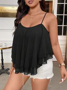 SHEIN LUNE Áo hai dây mảnh màu trơn mùa hè cỡ lớn bằng vải chiffon - màu đen - Xem 4