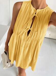Siren Gaze Vestido corto casual sin mangas de mujer con pliegues y amarres delanteros en unicolor