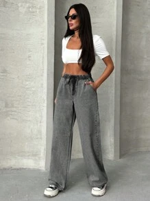 EURMUSE WOMEN Elastic Waist & Belted Cargo Denim JEANS MID WAIST - Light Grey - View 4