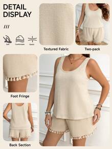 SHEIN LUNE Plus-SizeWomen Summer Clothes Apricot Waffle Fabric Spliced Hanging Fringe Casual Comfort Vacation Boho Two-Piece Set - Apricot - View 3
