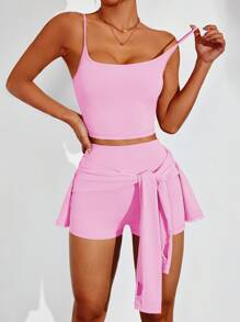 SHEIN Sport Studio 3pcs Women Yoga Sports Suit, Casual Sexy Outdoor Running U-Neck Vest, Comfortable Tightening Buttocks Shorts, High Collar Long Sleeve Thumb Hole Jacket For Fitness Commute