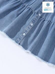 SHEIN Vintaside Kids Vestido vaquero azul claro de manga corta y cuello decorado con lazo, suelto y cómodo, para niñas