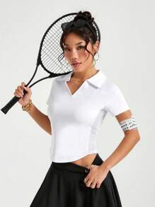 SHEIN Sport Studio Women's Solid Color Polo Shirt With Collar, Daily Fitness & Sports