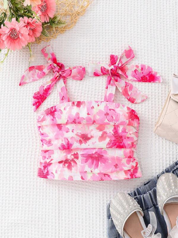 SHEIN Camiseta de tirantes de gasa con estampado floral menudo para niña, de moda para el verano