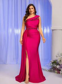 Glamrae Plus Size Elegant Formal Evening Gown,Maroon Spring Sequins Beaded Asymmetric Shoulder Split Heavy Work Embellished Prom Wedding Guest Party Dress - Hot Pink - View 7