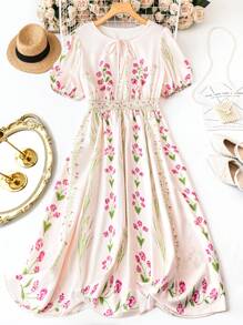 SHEIN LUNE Vestito floreale a maniche corte a ruota per donne curvy, vita regolabile