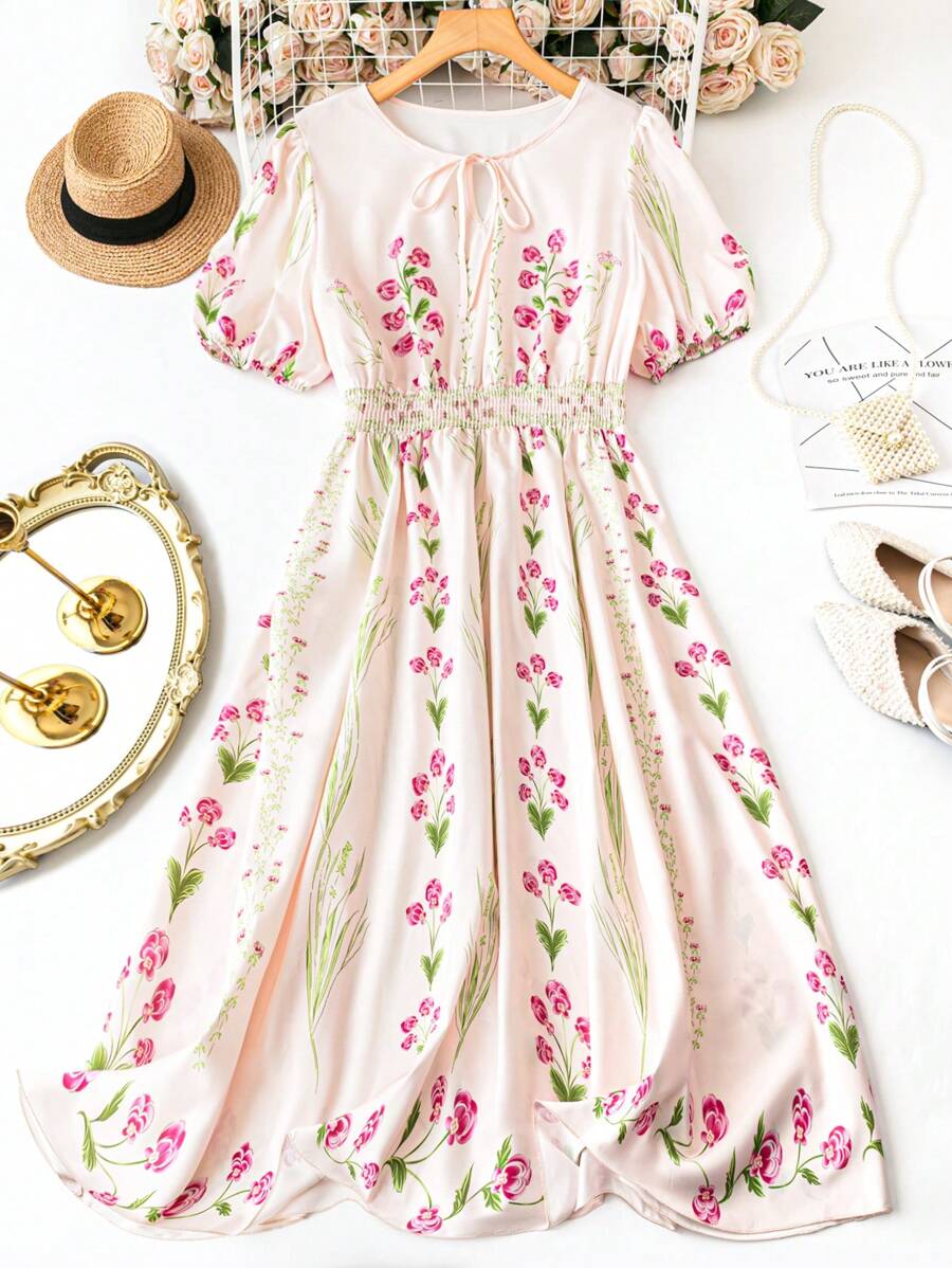 SHEIN LUNE Vestito floreale a maniche corte a ruota per donne curvy, vita regolabile