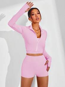 SHEIN Sport Studio 3pcs Women Yoga Sports Suit, Casual Sexy Outdoor Running U-Neck Vest, Comfortable Tightening Buttocks Shorts, High Collar Long Sleeve Thumb Hole Jacket For Fitness Commute