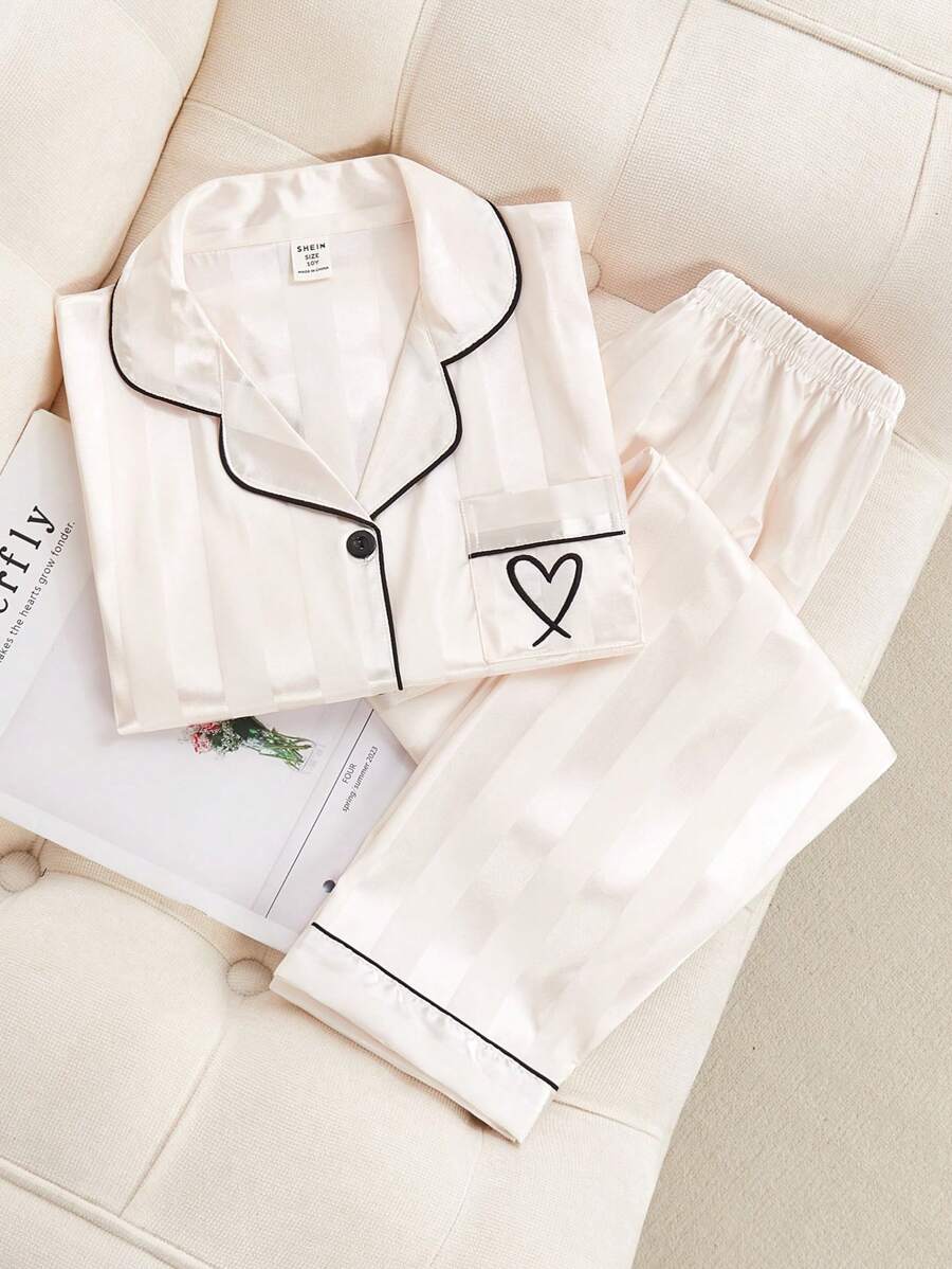 SHEIN 青少年女孩可爱休闲条纹和心形刺绣舒适短袖和裤子两件套睡衣套装 - 香檳色 - 查看 1