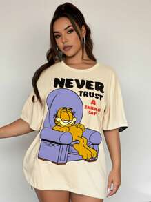 GARFIELD X SHEIN Plus Size Slouchy Wear Comic Print Letters And Cartoon Pattern Round Neck Cotton Short Sleeve T-Shirt, Summer