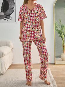 RueChic Set de pijama para mujer de 2 piezas con botones delanteros y estampado de cuadros y osos, para usar en casa