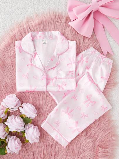 2 Pieces Set Girls Cute Butterfly Printed Polo Neck Short Sleeve Top And Casual Long Pants, Comfortable Loungewear