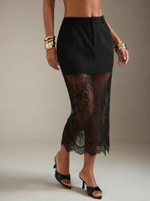 Hauture Summer Sheer Floral Contrast Lace Hem Mini Skirt, Business Casual Outfits Women