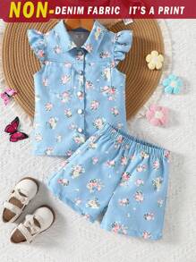 2 Stücke Kleine Mädchen Bluse mit Blumen- und Denim-Optik-Muster sowie Lässig Shorts Set, geeignet für Sommertage