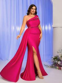 Glamrae Plus Size Elegant Formal Evening Gown,Maroon Spring Sequins Beaded Asymmetric Shoulder Split Heavy Work Embellished Prom Wedding Guest Party Dress - Hot Pink - View 4