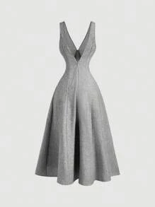 SHEIN MOD Women's Sleeveless Waist Cinched Gray Midi Dress, Spring/Summer - Grey - View 2