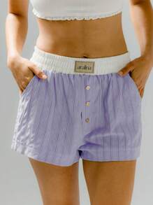 Aralina Pantalón boxer de pijama de rayas con parche de letra para verano