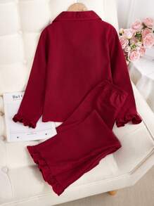 Tween Girls 2pcs/Set Casual Contrast Trim Ruffle Collar Knit Sweater & Shorts Pajamas Set, Pink
