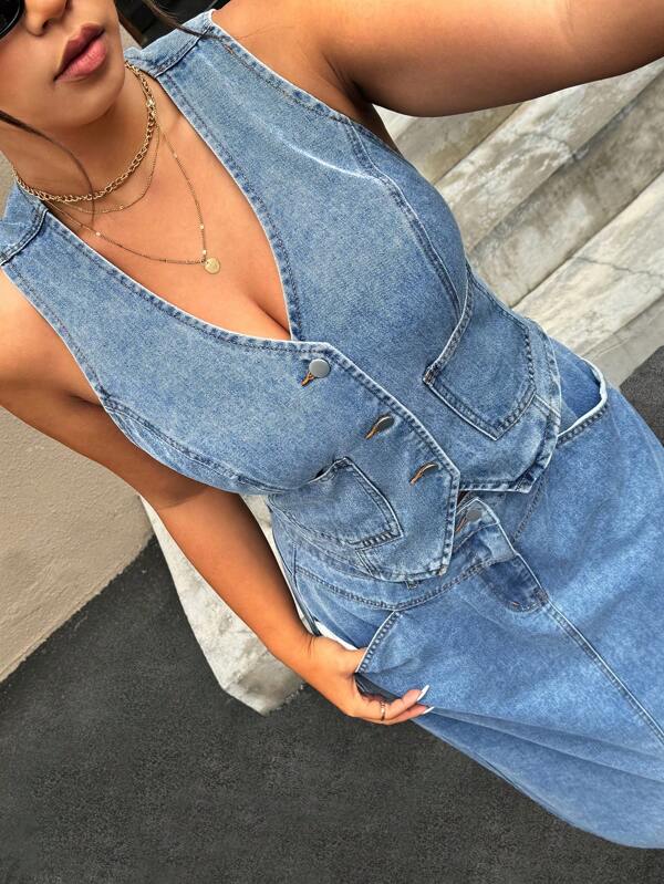 SHEIN ICON Plus Size Women Washed Blue Front Button Denim Vest, Summer Everyday Wear