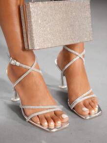 CUCCOO SZL Sandalias de mujer con puntera cuadrada y cadena de strass plateados, zapatos de vestir con tacón grueso transparente, tacones altos - Plateado - Ver 10