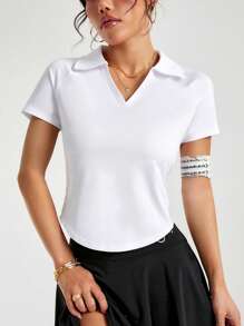 SHEIN Sport Studio Women's Solid Color Polo Shirt With Collar, Daily Fitness & Sports