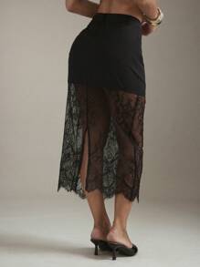 Hauture Summer Sheer Floral Contrast Lace Hem Mini Skirt, Business Casual Outfits Women