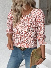 EMERY ROSE Camisa casual de cuello redondo con estampado floral para vacaciones (patrón floral cortado al azar) - Multicolor - Ver 5
