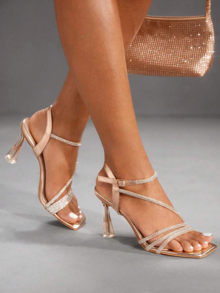 CUCCOO SZL Women's Square Toe Champagne Color Strap Rhinestone Chain Ankle Strap Transparent Heel Party Dress Sandals