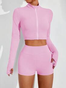SHEIN Sport Studio 3pcs Women Yoga Sports Suit, Casual Sexy Outdoor Running U-Neck Vest, Comfortable Tightening Buttocks Shorts, High Collar Long Sleeve Thumb Hole Jacket For Fitness Commute