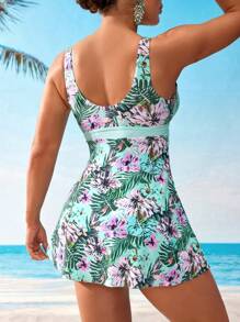 Swim Lushoire Conjunto de tankini informal con estampado de plantas tropicales y cinturón de amarre para mujer