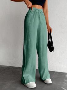 EURMUSE Petite Women's Solid Color Long Waist Drawstring Pants - Mint Green - View 3