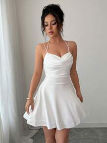 Chiquease Vestido blanco sexy sin espalda y sin mangas con fruncidos, atuendo de mujer para cumpleaños, conciertos, citas, vestidos de verano, fiestas de piscina, graduación