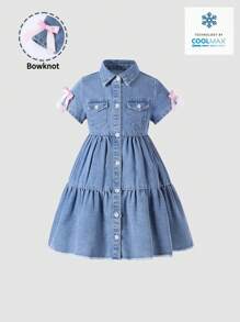 SHEIN Vintaside Kids Vestido vaquero azul claro de manga corta y cuello decorado con lazo, suelto y cómodo, para niñas