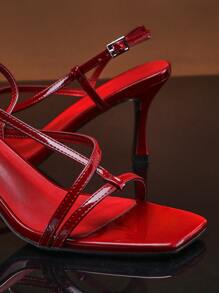 SHUZIA Sandal Hak Tinggi Wanita, Sandal Kulit Sintetis Elegan dengan Tali Belakang dan Gesper yang Modis - Burgundy - View 6