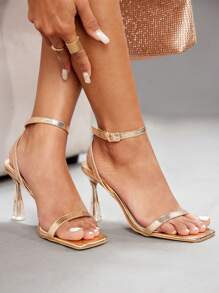 CUCCOO SZL Women's Sexy Transparent Heel Square Toe Strappy Snakeskin Pattern Sandals With Ankle Strap, Champagne Color - Champagne - View 3