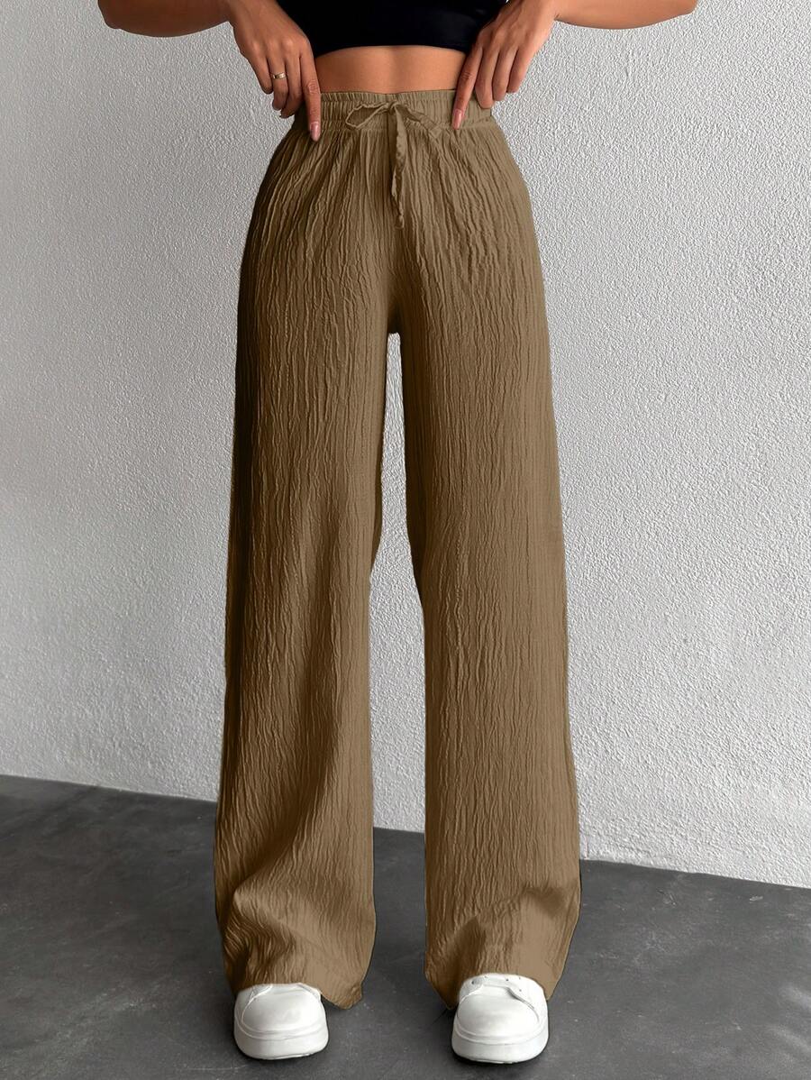EURMUSE Petite Women's Solid Color Long Waist Drawstring Pants - Mocha Brown - View 1